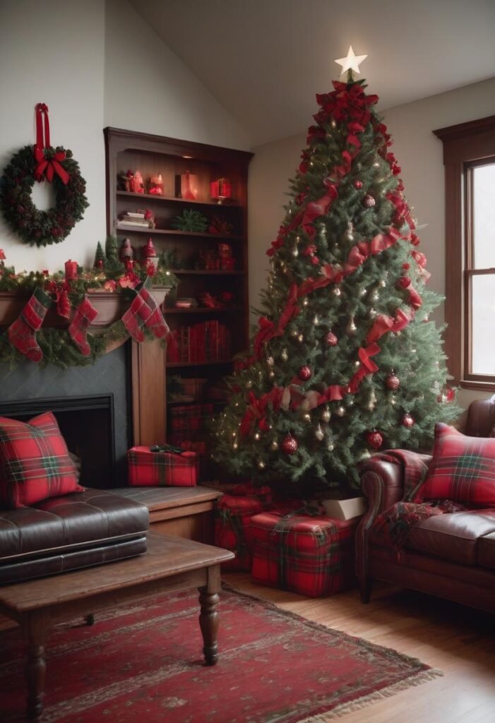Traditional red and green Christmas decor with plaid ribbons, pinecones, and rustic accents.