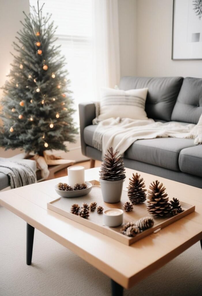 Minimalist Christmas decor with wood accents, pine sprigs, and cozy gray tones for a chic holiday vibe.