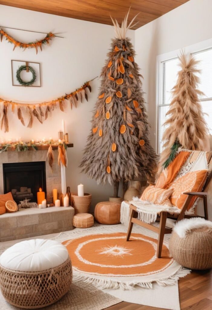 Bohemian Christmas decor with dried flowers, woven textures, and earthy accents for a unique holiday vibe.