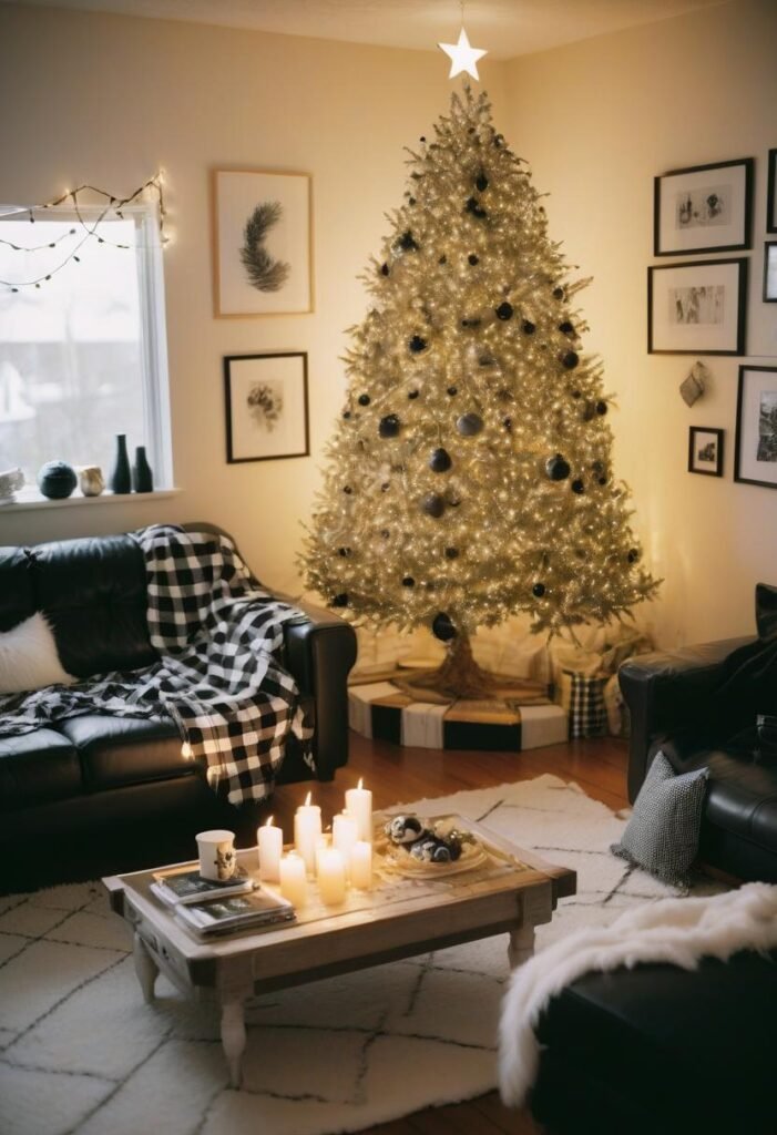 Modern monochrome Christmas decor with black and white accents, plaid blankets, and greenery for a stylish holiday look.
