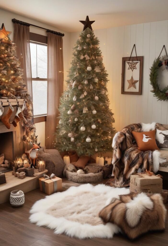 Woodland decor with animal ornaments, pinecones, and faux fur for a cozy forest-inspired holiday theme.