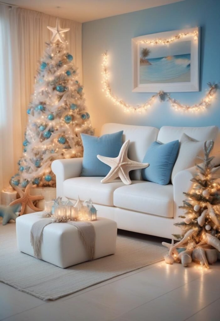 Coastal Christmas decor with blue, silver, and beach-inspired ornaments for a serene holiday feel.