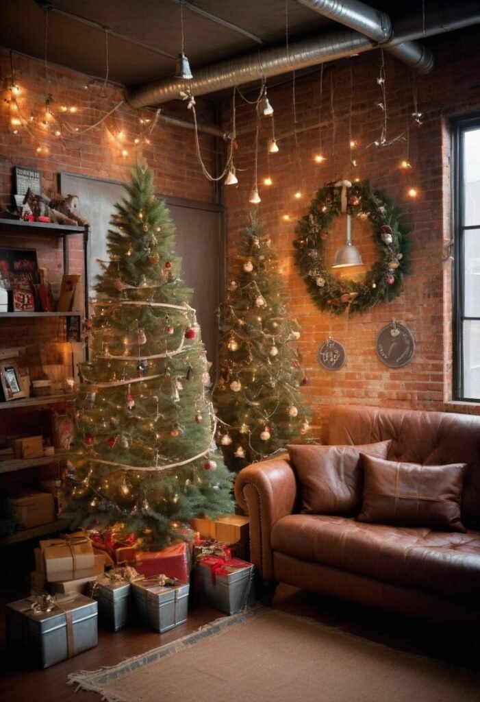 Industrial Christmas decor with metal and wood accents, plaid pillows, and warm lights for an urban holiday feel.