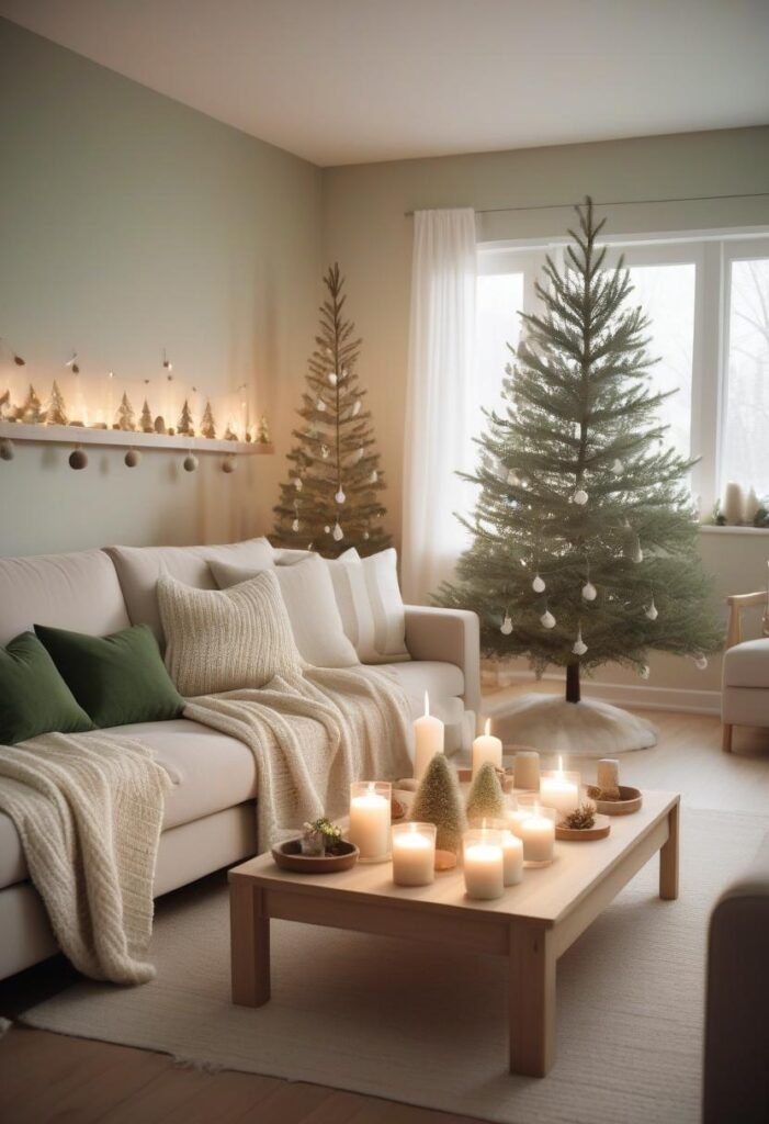 Scandinavian minimalist decor with a slender tree, wooden ornaments, and cozy knit accents.