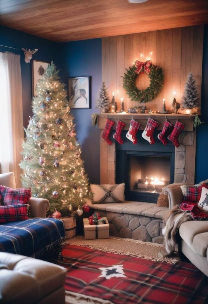 Woodland decor with burlap, pinecones, and animal ornaments for a cozy forest-inspired theme.