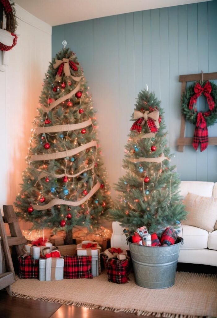 Farmhouse rustic Christmas decor with galvanized bucket, plaid blankets, and pine garland for a vintage feel.