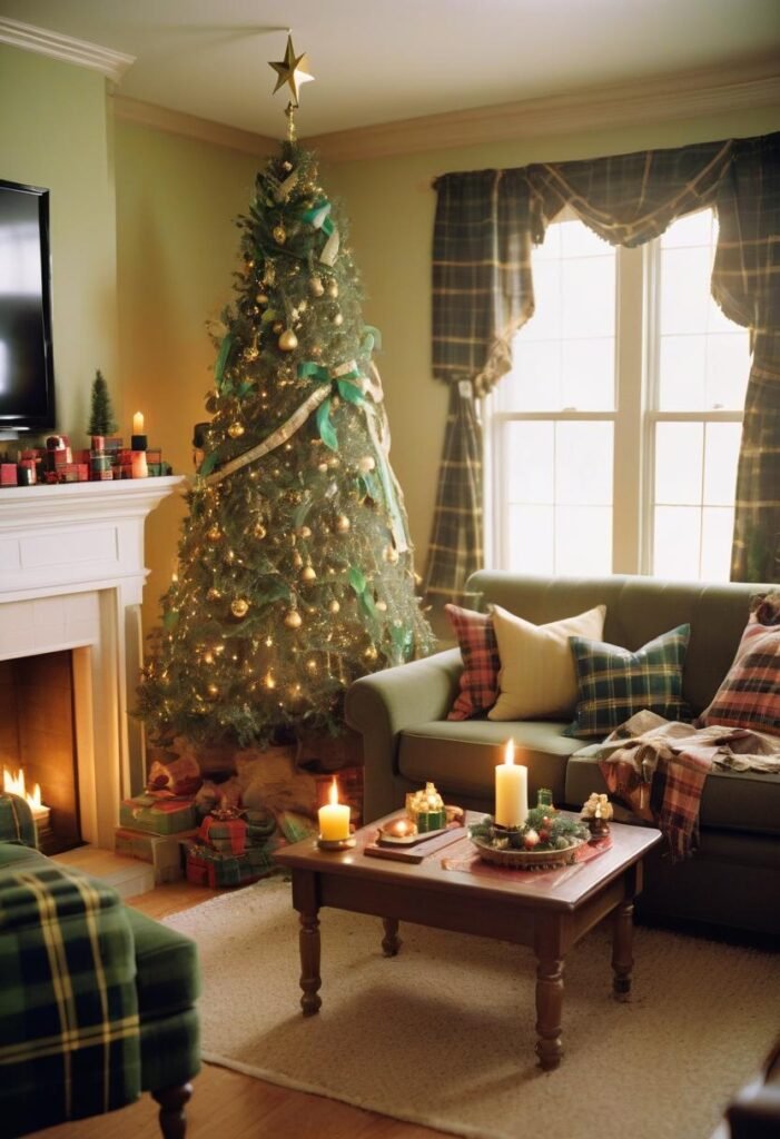 Vintage Christmas decor with plaid accents, gold ornaments, and antique touches for nostalgic charm.