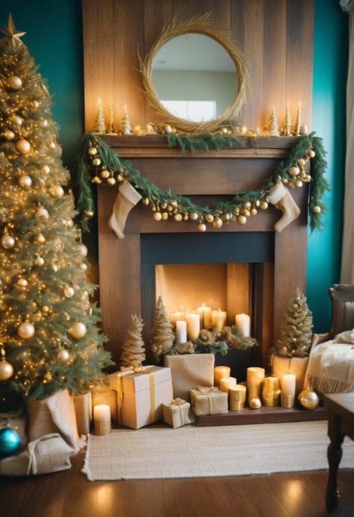 Elegant rustic decor with gold accents, burlap, and pine garlands for a warm holiday glow.