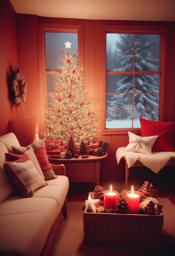 White Christmas decor with rustic accents like pinecones, wood, and wicker for a peaceful holiday look.