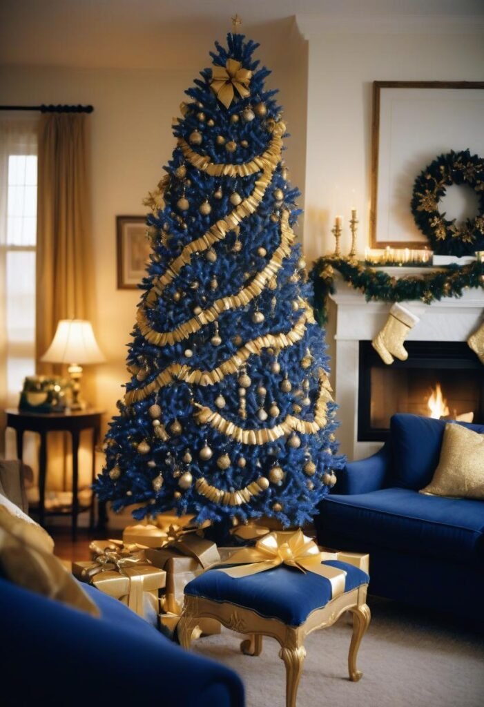 Blue and gold Christmas decor with pine garlands and rustic touches for a unique, cozy ambiance.