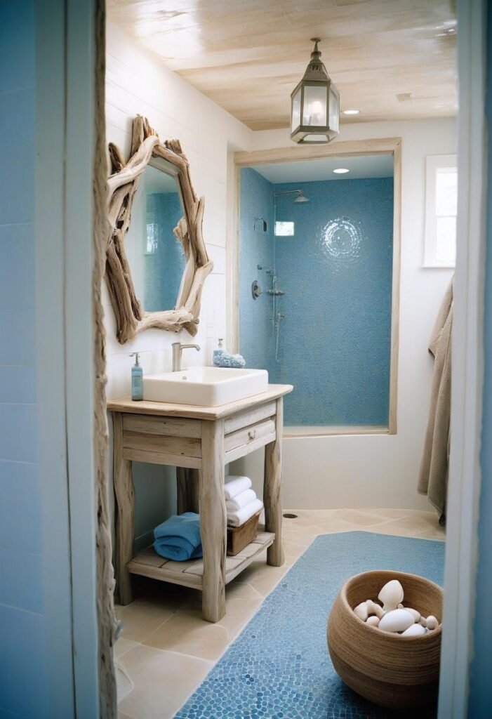Coastal look with driftwood accents and blue-tiled shower.