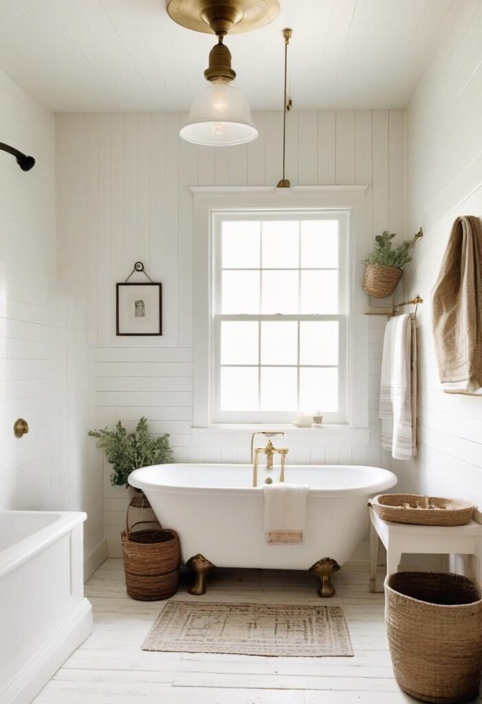 Farmhouse rustic bathroom with shiplap walls and vintage brass fixtures.