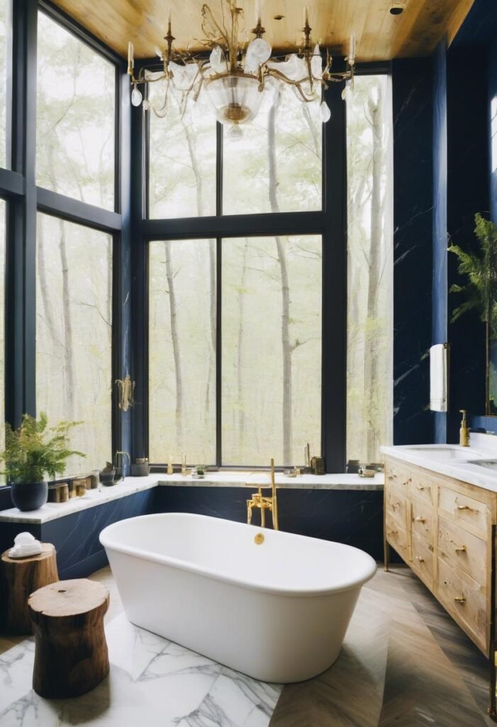  Luxurious bathroom with marble and reclaimed wood accents.