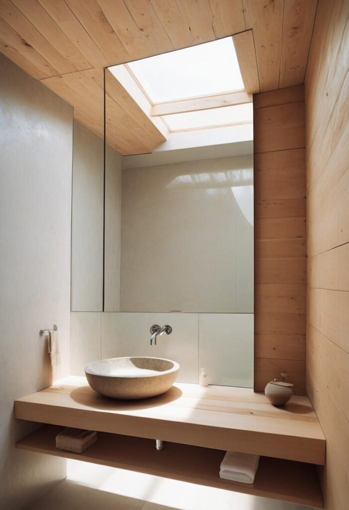  Luxurious bath with marble and reclaimed wood accents.