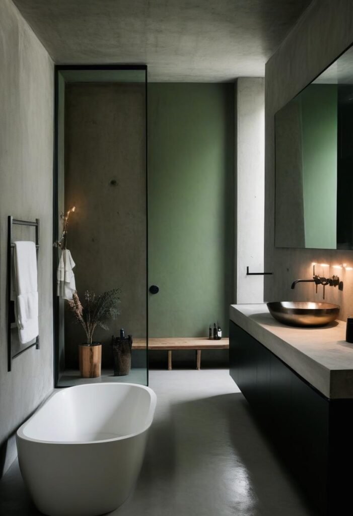 Modern rustic bathroom with stone walls and stainless steel fixtures.