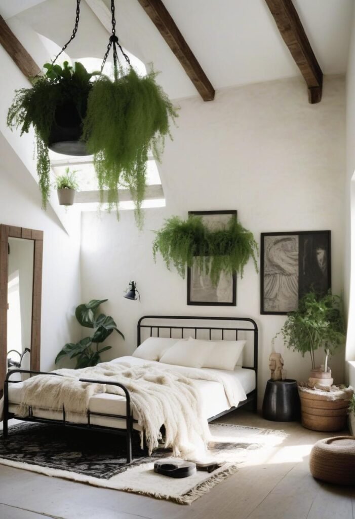 Modern rustic bedroom with white-washed walls and a wrought-iron bed.