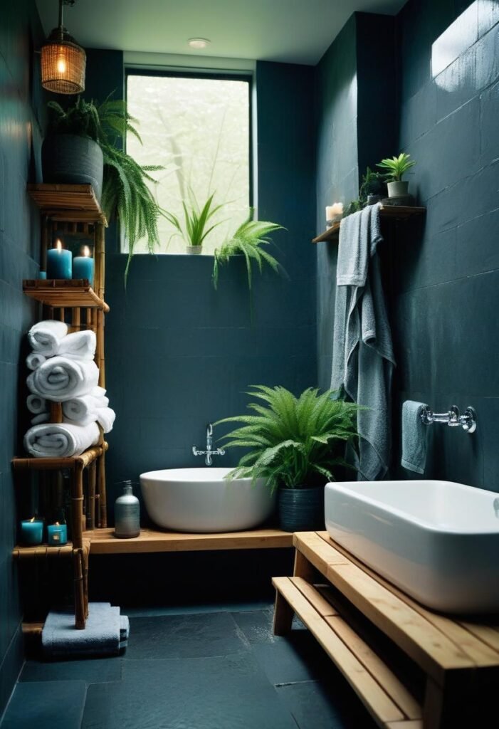 Rustic spa bathroom with slate walls and bamboo accents.