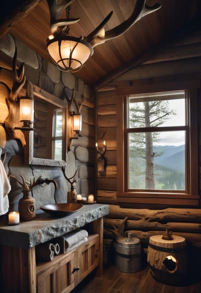 Mountain cabin-style bath with log walls and a stone sink.