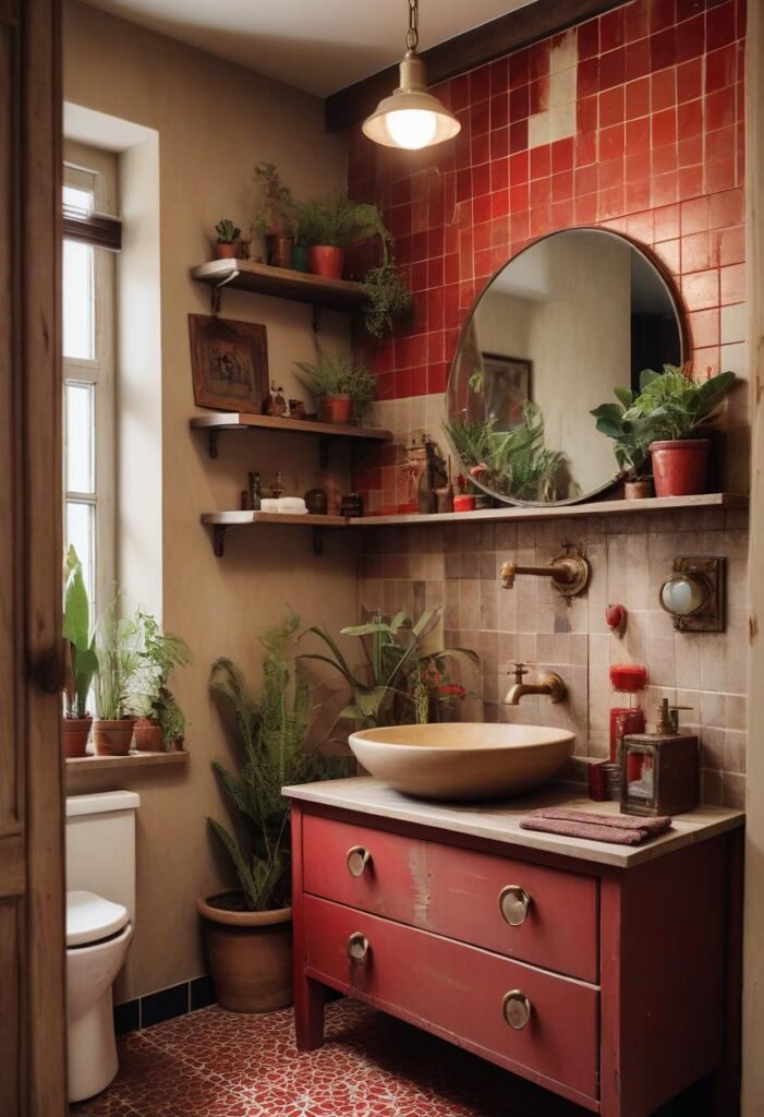 Eclectic rustic bathroom with colorful tiles and brass fixtures.