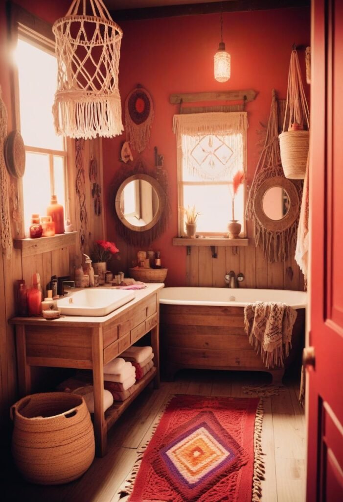 Bohemian look with macrame, vintage mirrors, and wooden vanity.