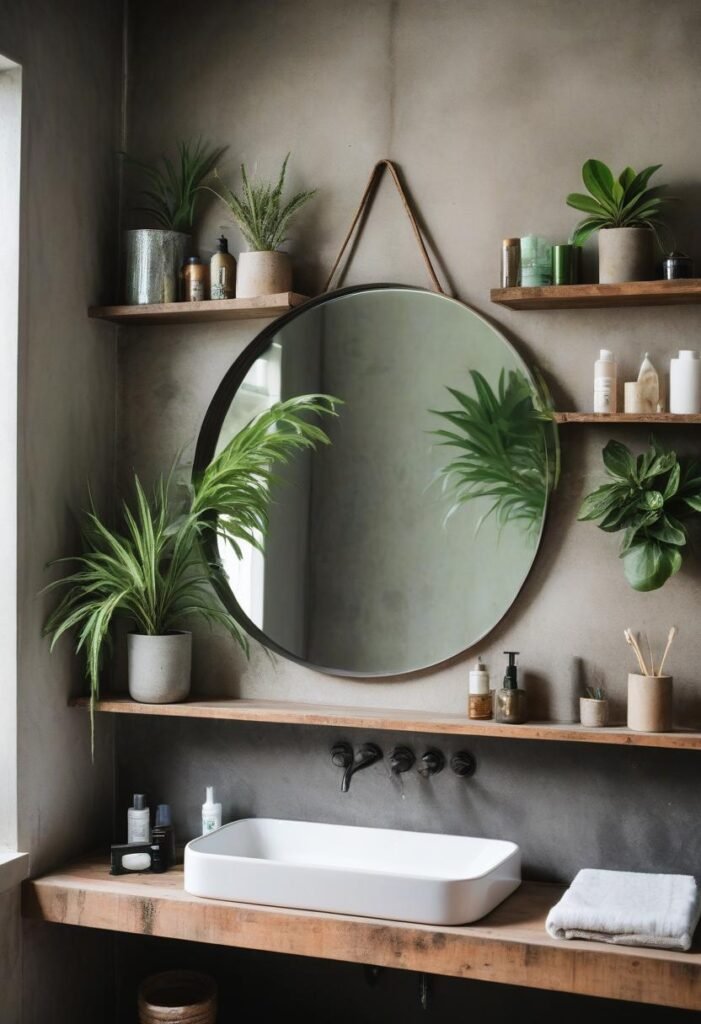Contemporary rustic bathroom with concrete walls and wooden cabinetry.