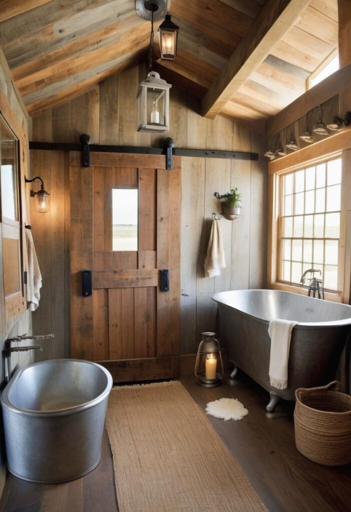 Country bathroom with a barn door and galvanized tub.