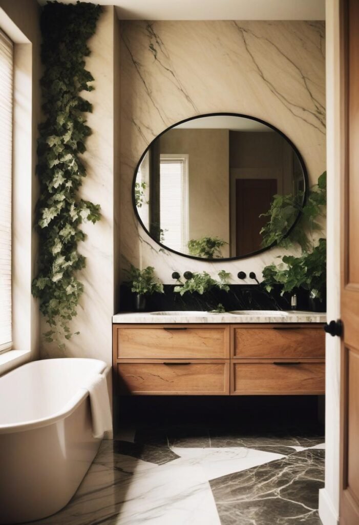 Contemporary bathroom with marble accents and wood cabinetry.