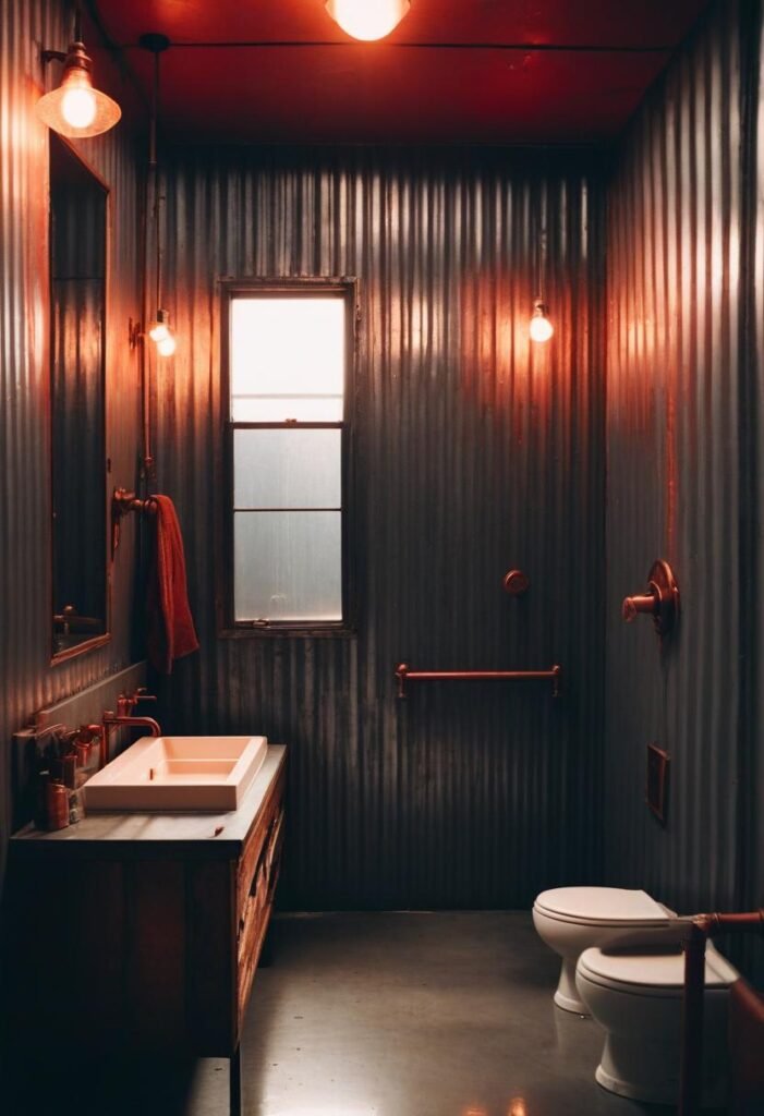 Rustic industrial bathroom with metal walls and Edison bulb lighting.