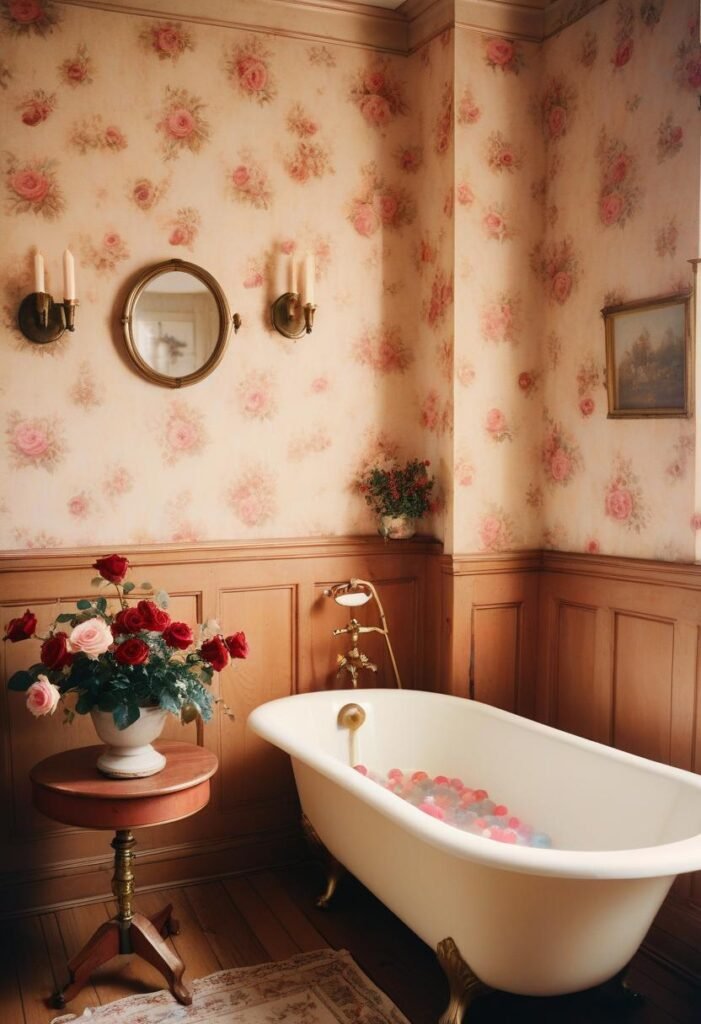 Vintage rustic bathroom with antique fixtures and floral wallpaper.