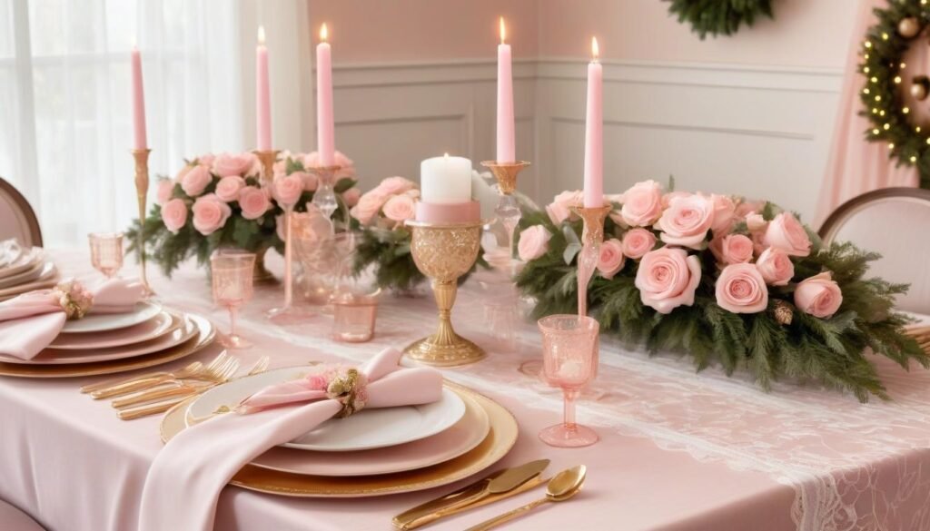  Romantic blush pink Christmas dining table with floral and gold accents.