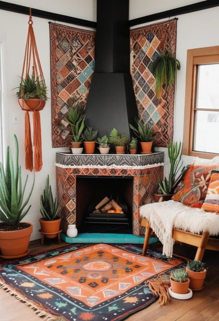 Bohemian corner fireplace decor ideas with vibrant patterns.