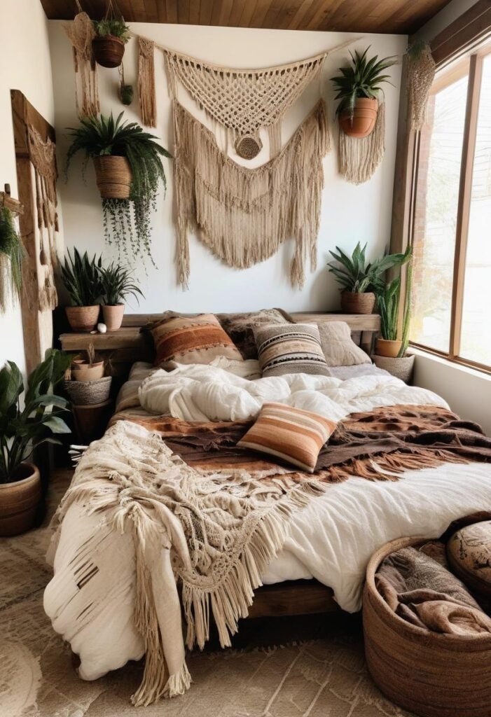 Boho bed room with macrame and earthy hues.