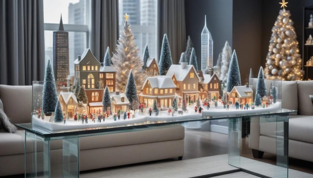 Cityscape in a modern living room with glowing buildings and festive details.