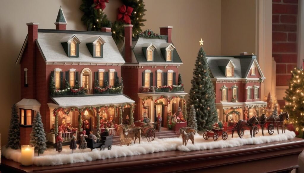 Victorian Christmas village display on a mantle in a traditional holiday-themed living room.
