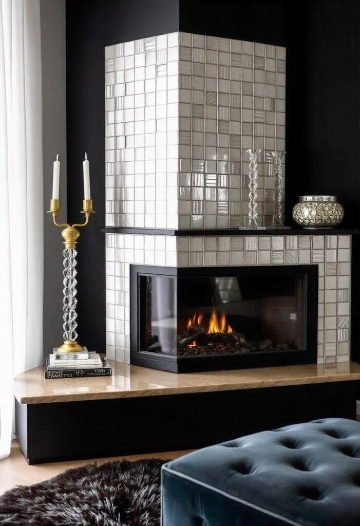  Chic glam corner fireplace decor ideas with metallic finishes.