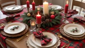 Cozy tartan Christmas dining table with evergreen garland and red candles.