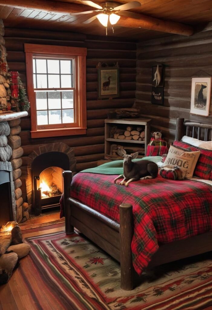 Classic cabin-style rustic bedroom with log walls and flannel bedding.