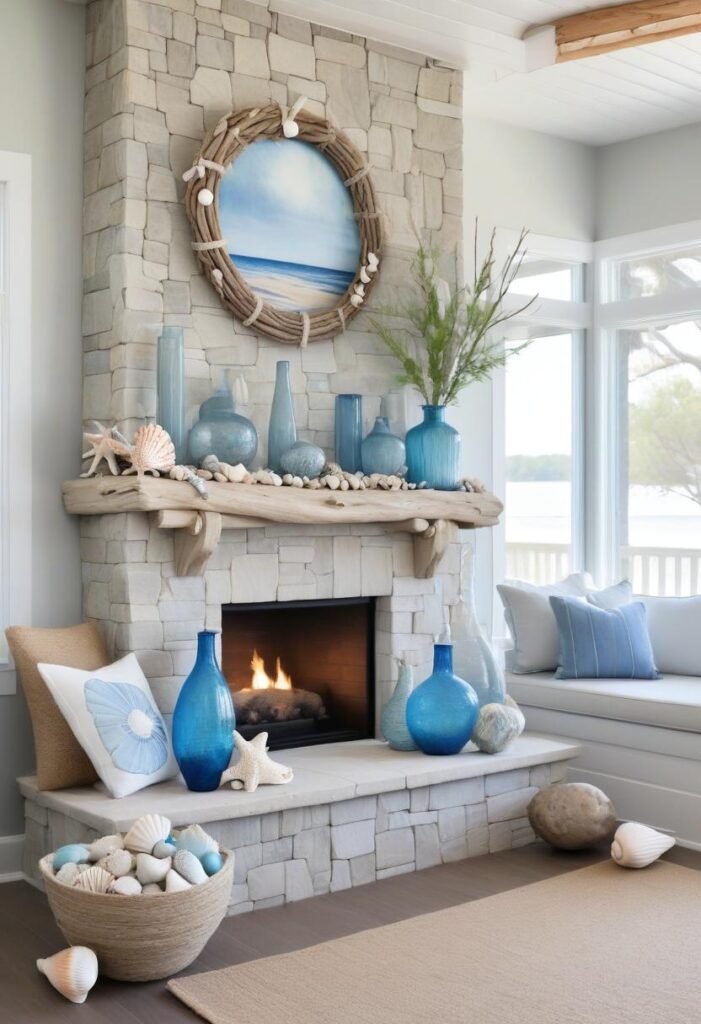 Coastal corner fireplace decor ideas with beachy elements.