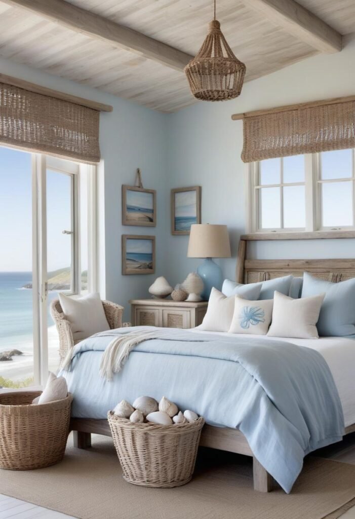 Coastal rustic bedroom with driftwood accents and soft blue tones.