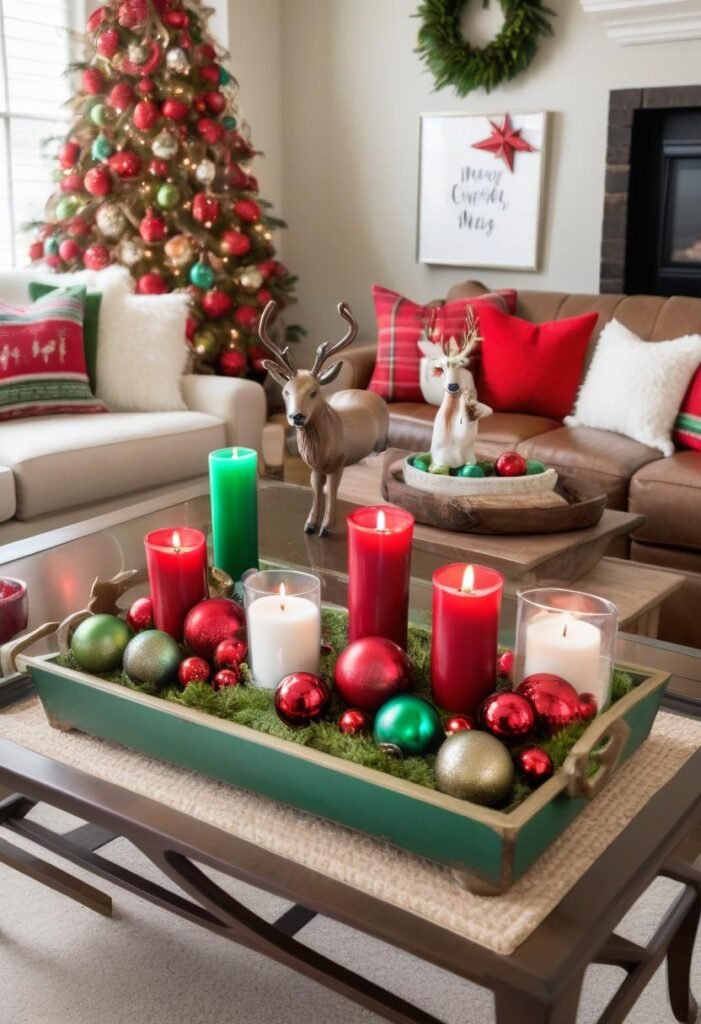 Colorful Christmas coffee table with red, green, and gold accents.