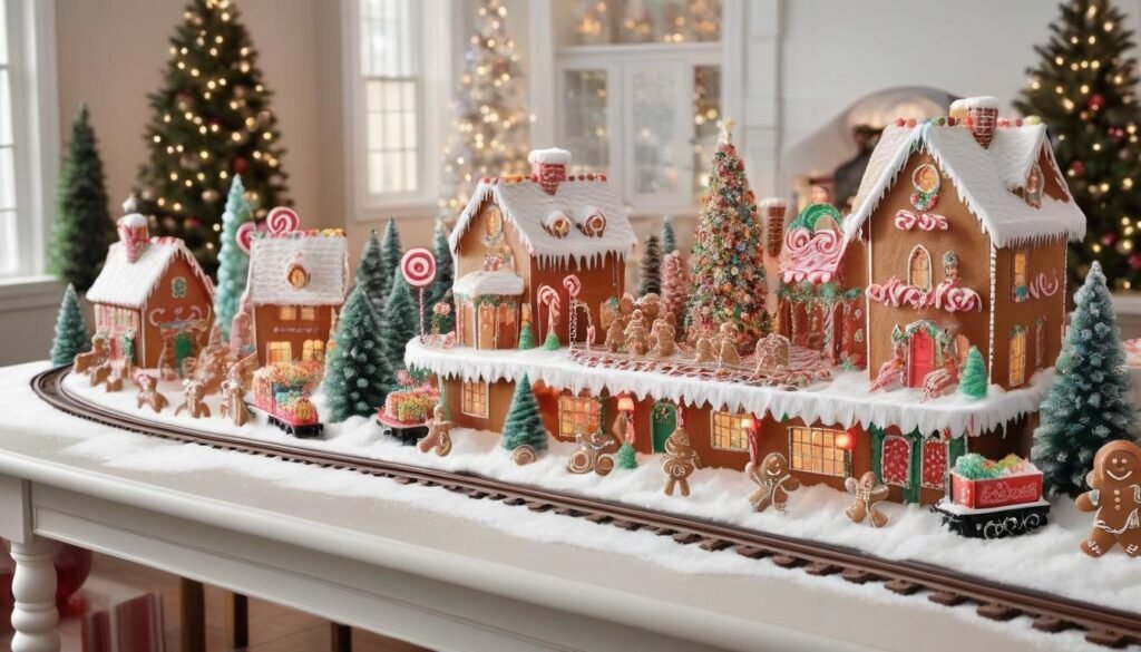 Gingerbread Christmas village display on a buffet table with candy-decorated houses and a candy train.