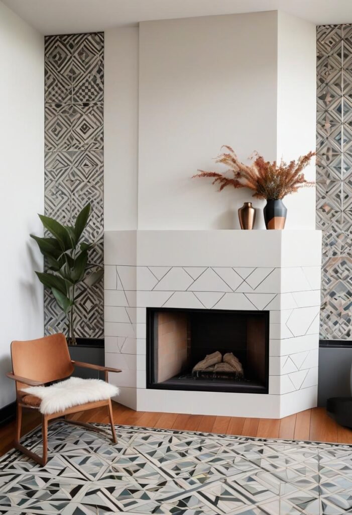 Contemporary corner fireplace decor ideas with geometric details.