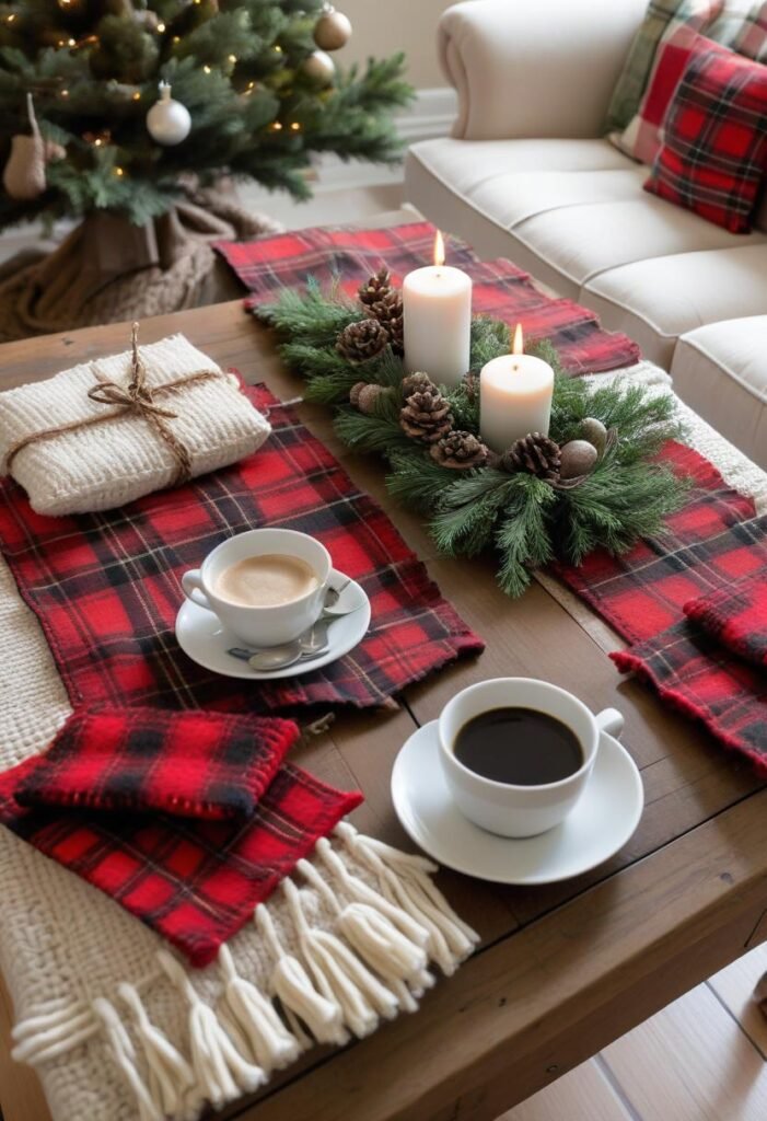 Cozy Christmas coffee table with plaid, knitted accents, and greenery.