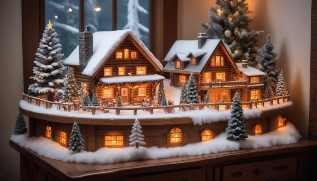 Snowy alpine Christmas village display set up in a warm, decorated living room.