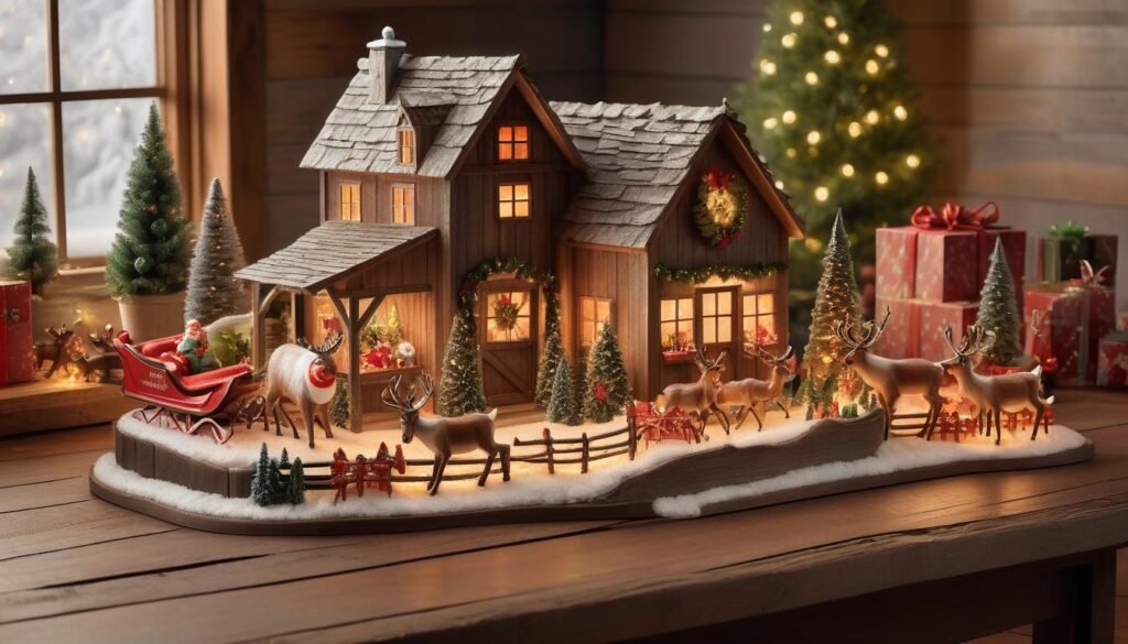 Santa’s reindeer ranch Christmas village display on a rustic wooden table in a cozy living room.