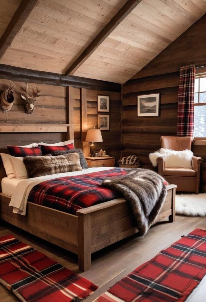 Mountain cabin with plaid bedding and stone accents.