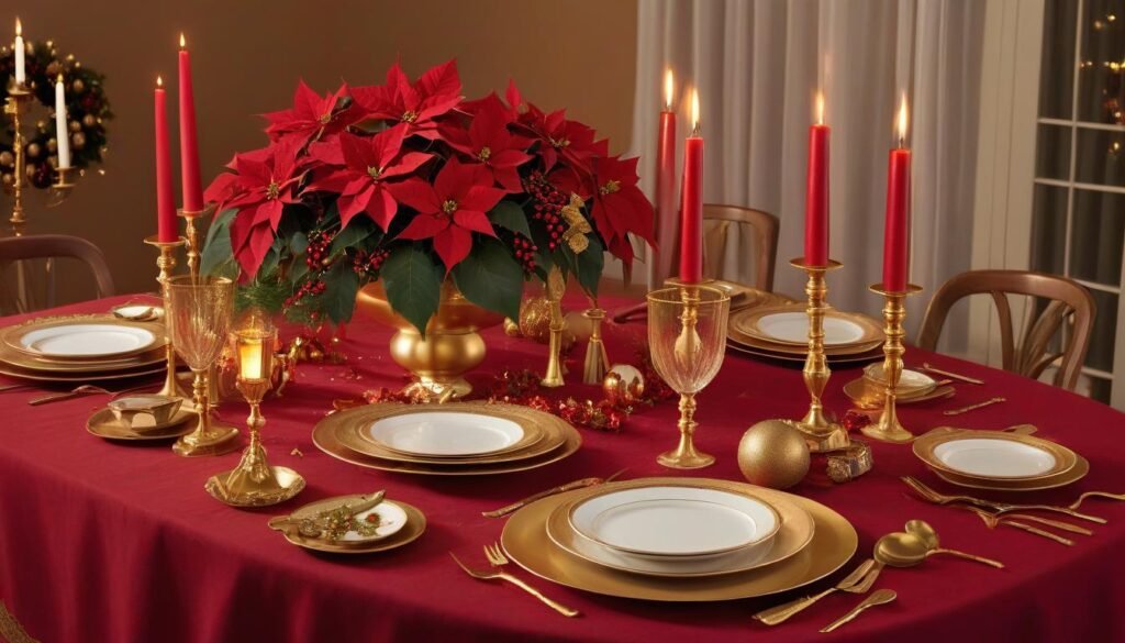 Elegant Christmas dining table with a red and gold theme, featuring poinsettias and golden candlesticks