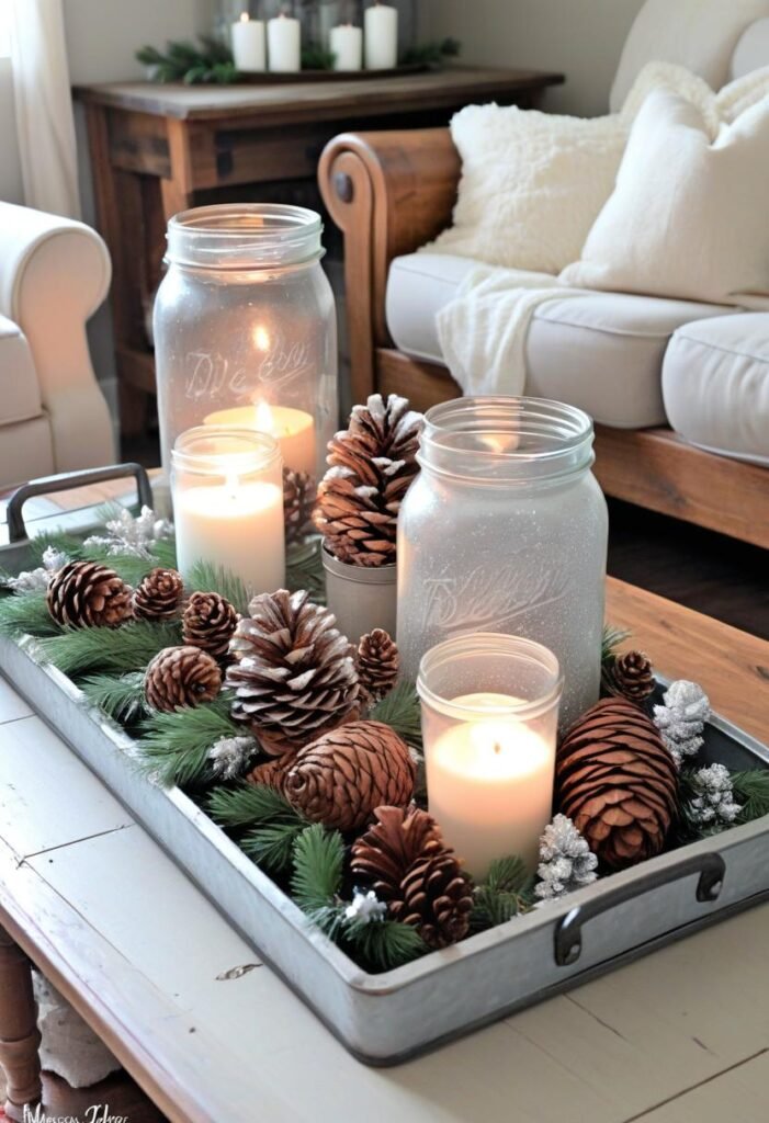 Farmhouse-style Christmas coffee table with a galvanized tray, pinecones, and rustic decor.