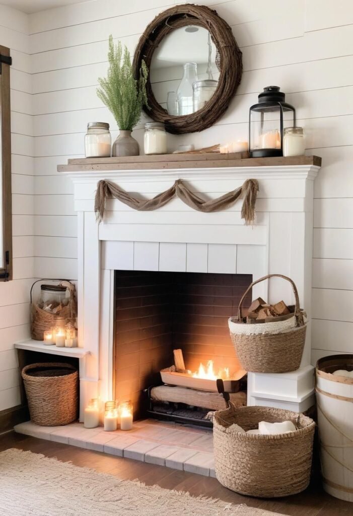 Farmhouse corner fireplace decor ideas with rustic accents.