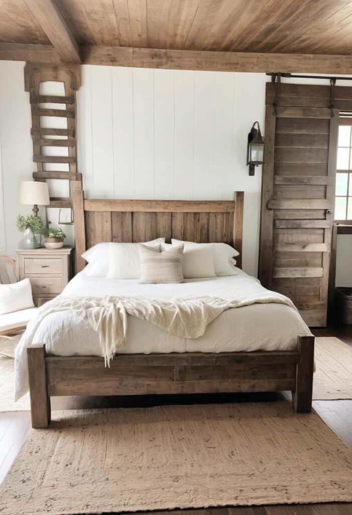 Simple rustic farmhouse bedroom with a reclaimed wood bed.